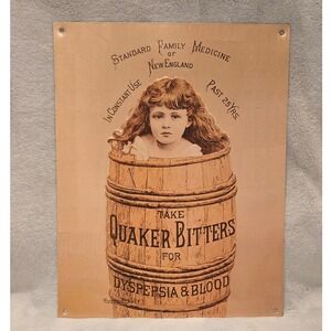 Vintage Quaker Bitters Medicine Advertising Tin Sign Old General Store Decor